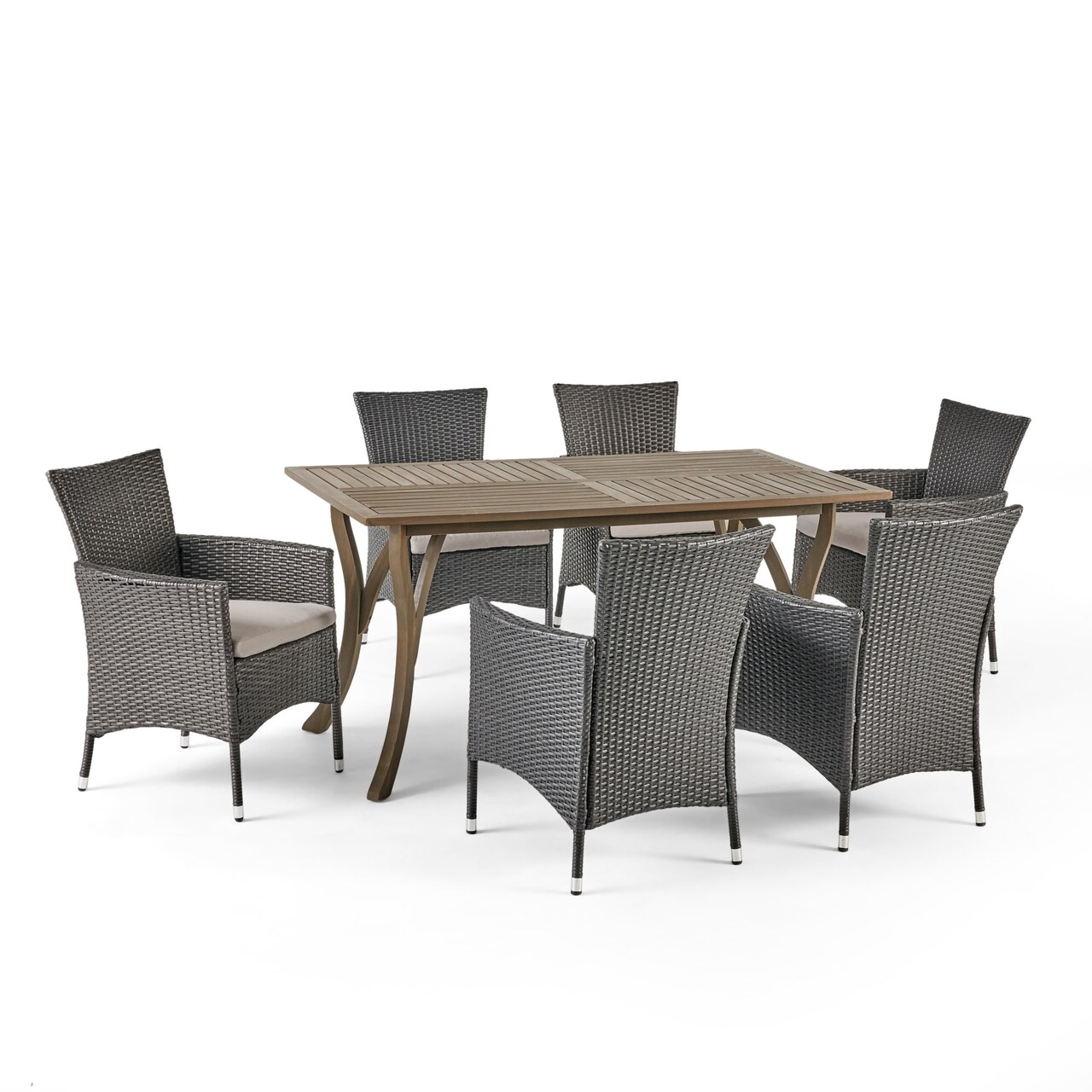 Contemporary Home Living 7 Piece Brown and Gray Wood and Wicker Patio Dining Set with Silver Cushions 24"